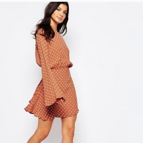 Flynn Skye Dresses & Skirts - Flynn Skye Golden Polka Dot Open Back Bell Sleeve Tie Back Mini Dress XSMALL